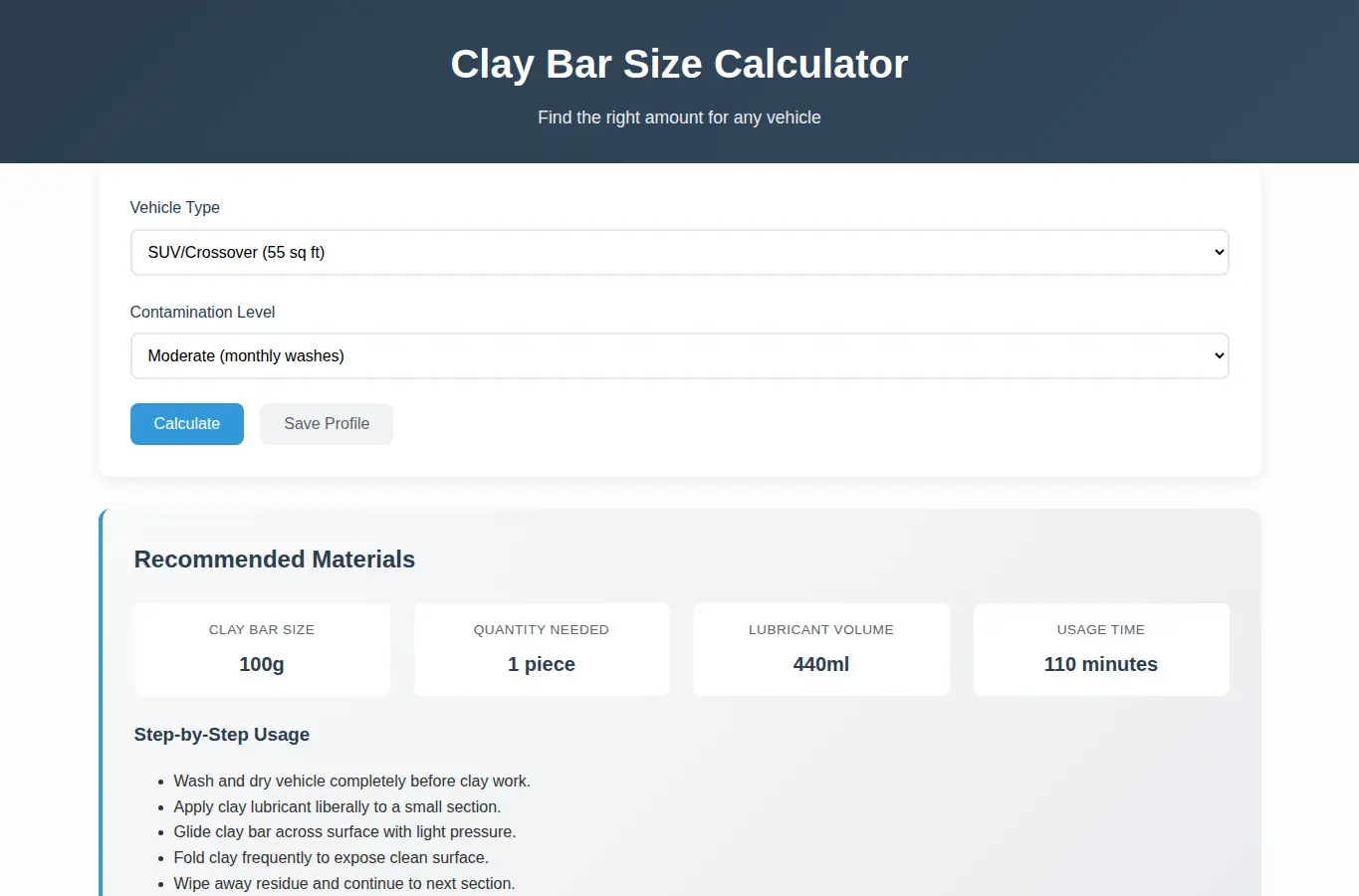 Screenshot of Car Detailing Clay Bar Size Calculator interface showing the project page in use